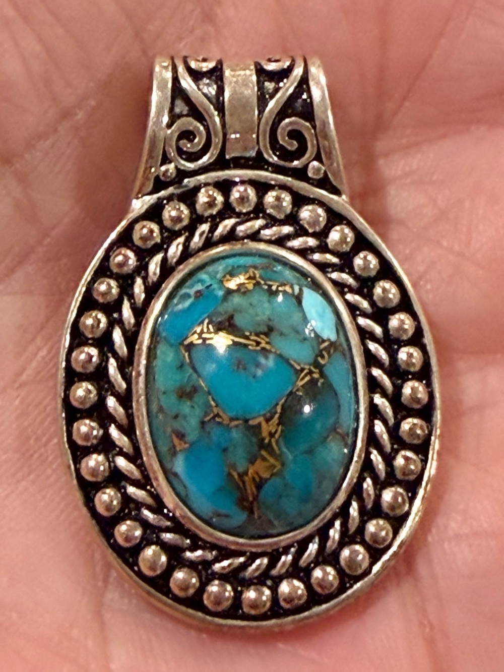 BJ 925 Sterling Silver Blue Copper Turquoise Pendant Statement Charm Vintage